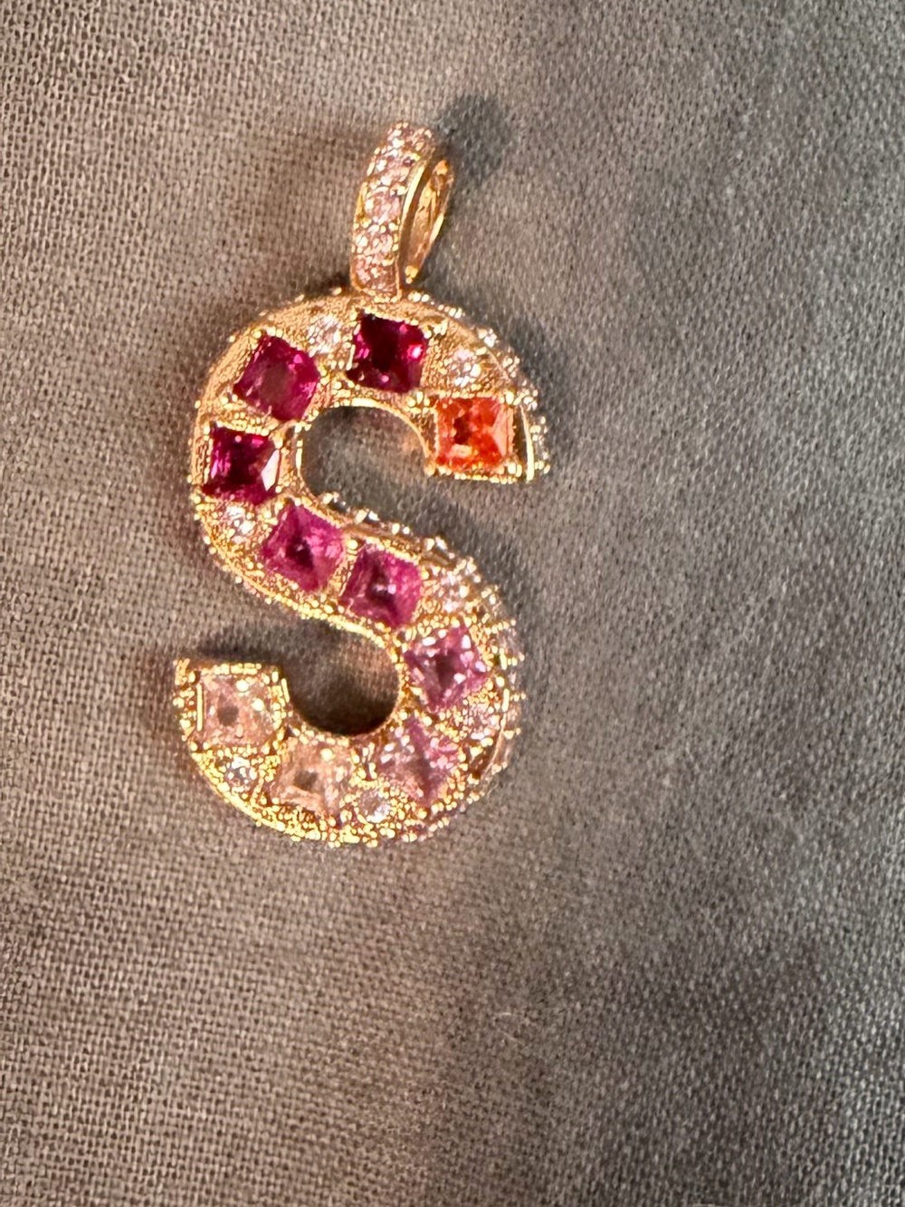Gold Letter S Pendant with Pink and Red Gemstones